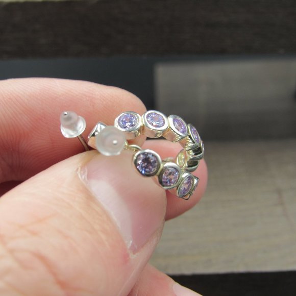 Sterling Silver Curved Half Hoop Clear Cubic Zirconia Earrings Vintage - Picture 4 of 8